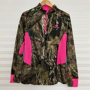 Mossy Oak Womens Camo‎ Quarter Zip Pullover Pink Accents Thumbholes Size L 42-44